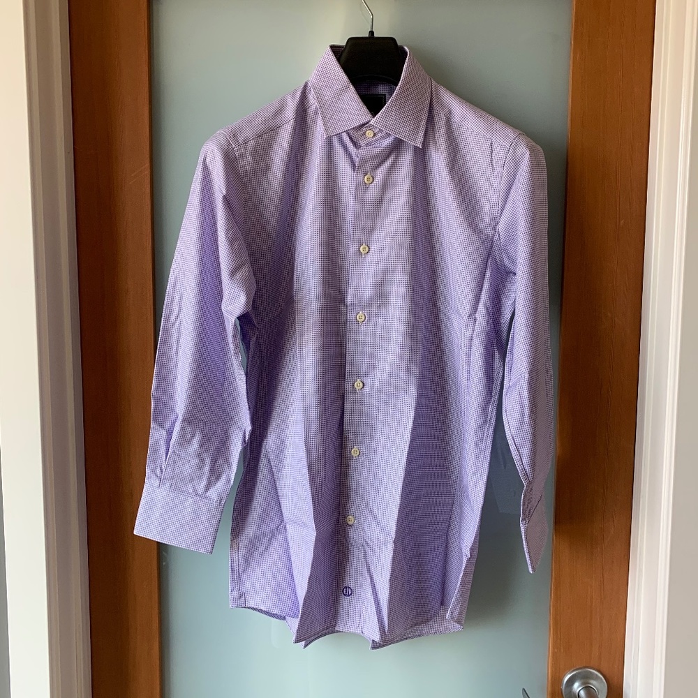 David Donahue purple white button down shirt